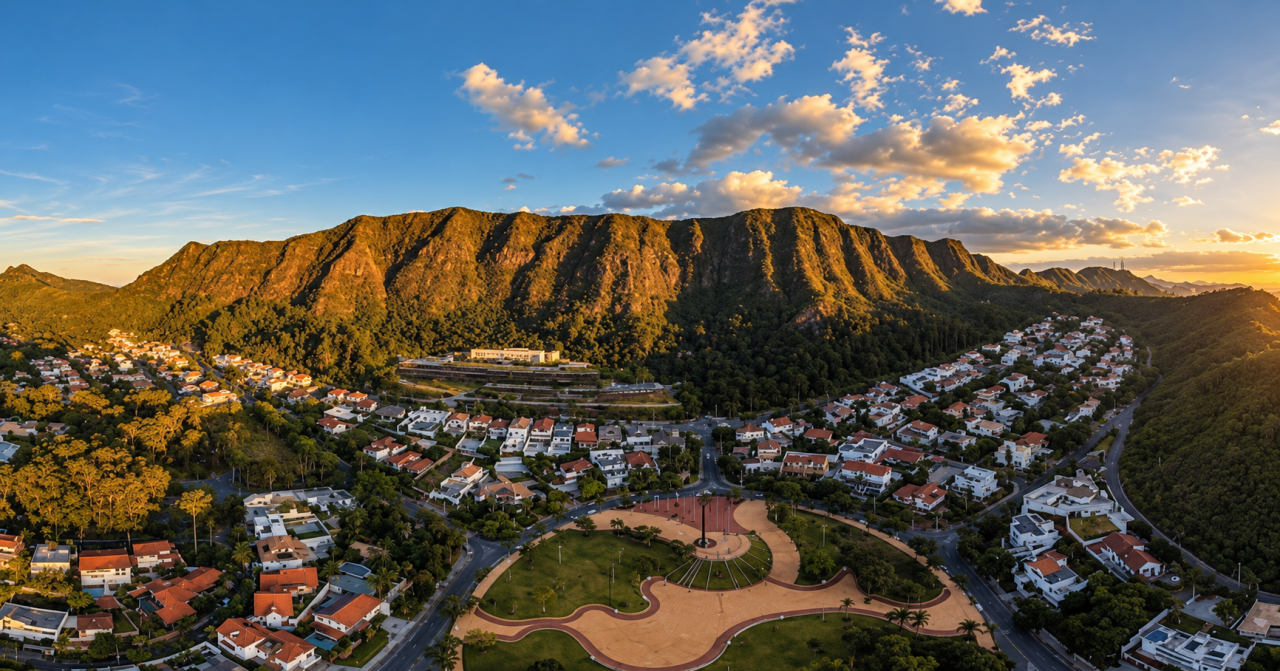 Vista panorâmica da Praça do Papa, em Belo Horizonte, com destaque para a paisagem urbana da capital mineira ao fundo e a ampla área aberta do local.